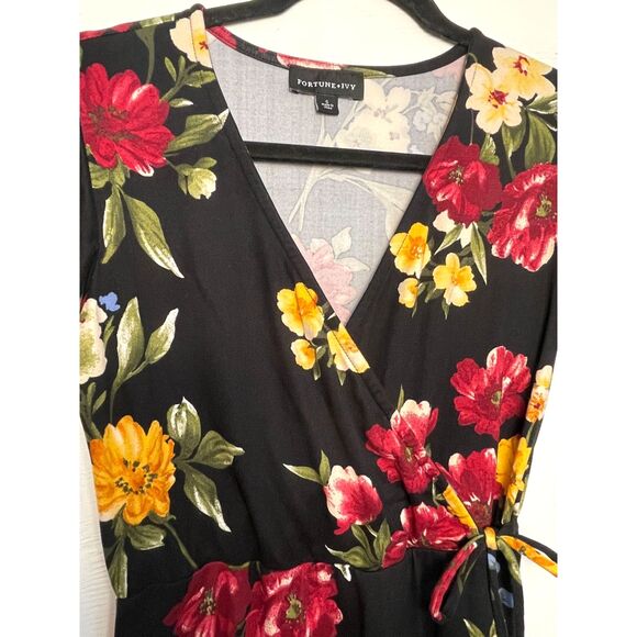 Fortune + Ivy Wrap Dress Women’s Small Black Floral Bell Sleeve Summer - Picture 3 of 7